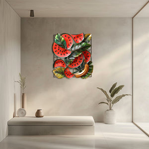 Tropical watermelon and banana metal wall art with lush botanical leaves for summer kitchen decor 3