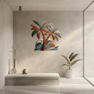 Tropical palm wave metal wall art with ocean waves and sunset coastal design mounted on wall 3