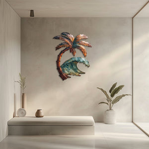 Palm tree ocean wave metal wall art with tropical coastal design mounted on beige wall 3