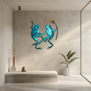 Blue frog couple metal wall art with flower whimsical garden aluminum wall decor 3
