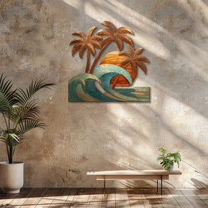 Tropical sunset wave metal wall art with palm trees and coastal ocean design mounted on textured wall 3