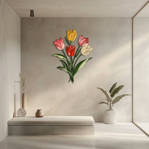 Pastel tulip bouquet metal wall art with colorful floral botanical design mounted on textured wall 3