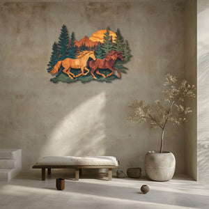 Running horses metal wall art with mountain wilderness and pine forest scenery 3