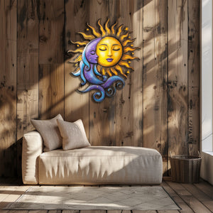 Celestial sun and moon metal wall art with mystical cosmic detailing 3