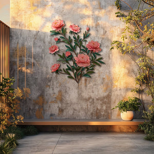 Soft pink peony metal wall art with elegant botanical floral branches mounted on textured wall 4