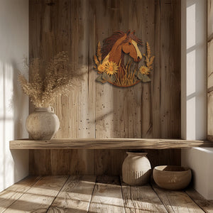 Rustic horse metal wall art with prairie flowers and western farmhouse styling 4