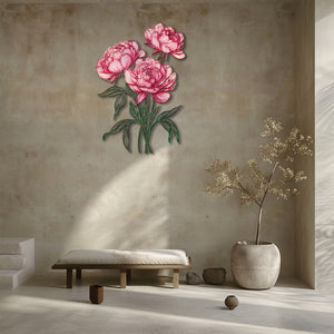 Pink peony flower metal wall art with elegant floral design mounted on textured wall 4