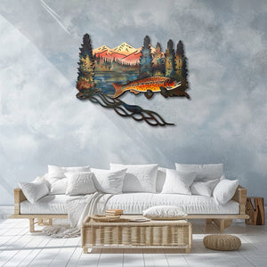 Brown trout metal wall art with swimming trout fish mountain peaks pine forest lake house cabin aluminum wall decor 4