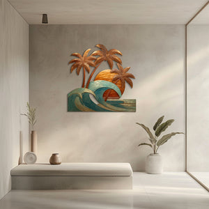 Tropical sunset wave metal wall art with palm trees and coastal ocean design mounted on textured wall 4
