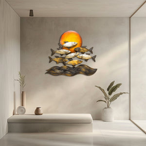 Golden sunset fish metal wall art with ocean waves coastal aluminum wall decor 4