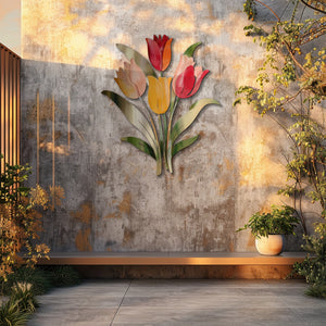 Pastel tulip stem metal wall art with colorful floral botanical design mounted on textured wall 4