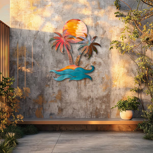 Tropical island palm trees metal wall art with coral sunset sky curling ocean waves and sunset beach aluminum wall decor 4