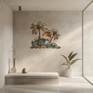 Tropical ocean wave metal wall art with palm trees and sunset coastal design mounted on textured wall 4