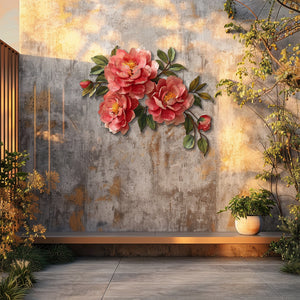 Pink peony blossom metal wall art with elegant floral branch design mounted on textured wall 4