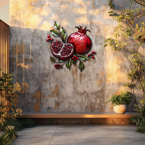 Pomegranate metal wall art with vibrant ruby-red fruit and botanical leaves for Mediterranean kitchen decor 4