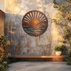 Rustic Ocean Sunrise UV printed aluminum metal wall art for coastal beach house living room and patio decor 5