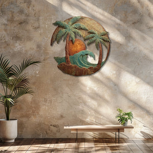 Tropical palm tree metal wall art with ocean wave and sunset design mounted on textured wall 4