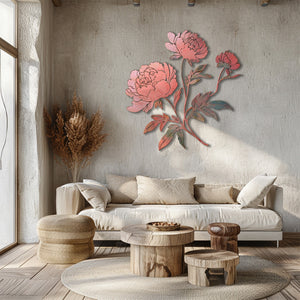 Blush pink peony metal wall art with elegant botanical floral design mounted on textured wall 4