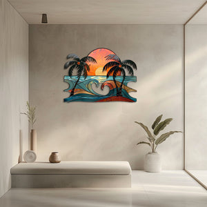Ocean wave heart metal wall art with hidden wave heart center double sunset sun dark palm silhouettes coastal beach bedroom aluminum wall decor 4