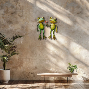 Cute frog couple metal wall art holding flower whimsical garden aluminum wall decor 4