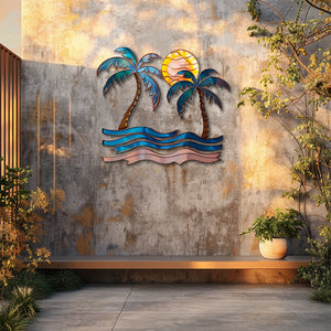 Palm trees sunset metal wall art with tropical palm trees ocean waves and golden sun coastal beach aluminum wall decor 5