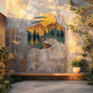 Mountain river sunset metal wall art with pine trees winding river stream and giant golden sun rustic cabin aluminum wall decor 5