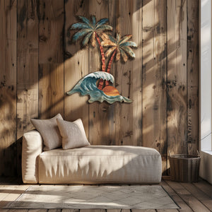 Tropical palm wave metal wall art with ocean waves and sunset coastal design mounted on wall 5