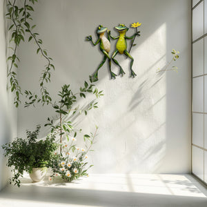 Cute frog couple metal wall art holding flower whimsical garden aluminum wall decor 5