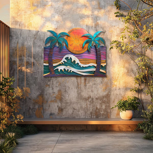 Modern ocean wave palm trees metal wall art with crashing whitecap waves purple sunset sky and framed tropical palm trees aluminum wall decor 5