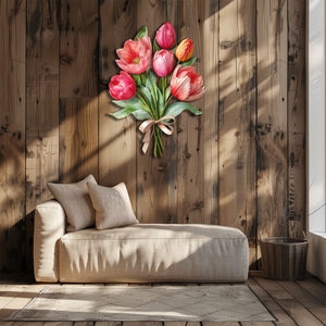 Pink tulip bouquet metal wall art with elegant floral design and ribbon bow mounted on textured wall 5