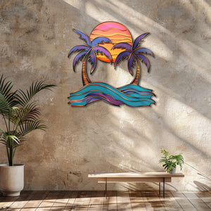 Vibrant sunset palm trees metal wall art with purple palm leaves pink sun gradient ocean waves coastal beach aluminum wall decor 5
