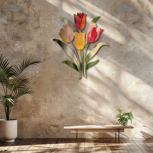 Pastel tulip stem metal wall art with colorful floral botanical design mounted on textured wall 5