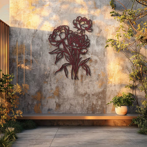 Peony outline metal wall art with elegant floral botanical line art design mounted on textured wall 5