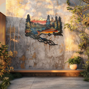 Brown trout metal wall art with swimming trout fish mountain peaks pine forest lake house cabin aluminum wall decor 5