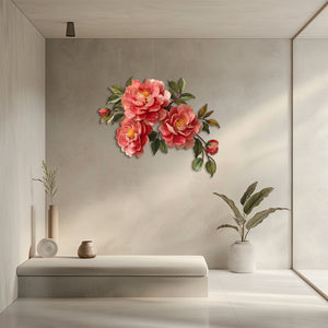 Pink peony blossom metal wall art with elegant floral branch design mounted on textured wall 5