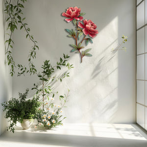 Pink peony stem metal wall art with elegant floral botanical design mounted on textured wall 5