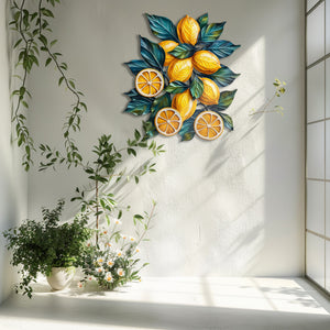 Lemon branch metal wall art with vibrant citrus fruits and botanical leaves for Mediterranean kitchen decor 5