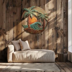 Tropical palm tree metal wall art with ocean wave and sunset design mounted on textured wall 5
