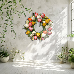 Tulip flower wreath metal wall art with colorful spring floral design mounted on textured wall 5