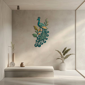 Teal Peacock UV printed aluminum metal wall art for botanical patio garden and living room decor 5