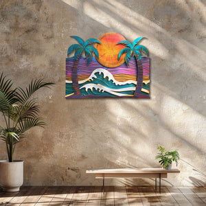 Modern ocean wave palm trees metal wall art with crashing whitecap waves purple sunset sky and framed tropical palm trees aluminum wall decor 6