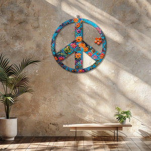 Turquoise Floral Peace Sign UV printed aluminum metal wall art for boho patio garden and living room decor 7