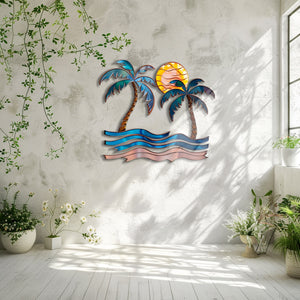 Palm trees sunset metal wall art with tropical palm trees ocean waves and golden sun coastal beach aluminum wall decor 6