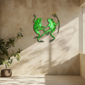 Green frog couple metal wall art with flower whimsical garden aluminum wall decor 6
