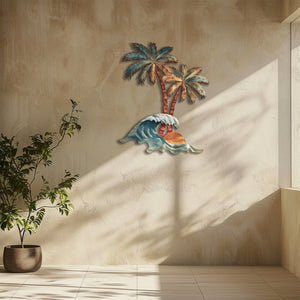 Tropical palm wave metal wall art with ocean waves and sunset coastal design mounted on wall 6