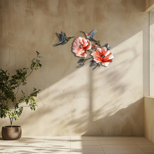 Hummingbird Poppy Flower UV printed aluminum metal wall art for floral living room and patio decor 6