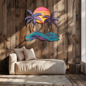 Vibrant sunset palm trees metal wall art with purple palm leaves pink sun gradient ocean waves coastal beach aluminum wall decor 6
