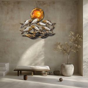 Silver fish metal wall art with ocean waves and sunset coastal aluminum wall decor 6