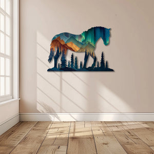 Aurora horse metal wall art with mountain landscape and northern lights wilderness scenery 6