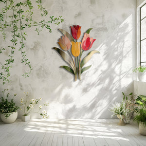 Pastel tulip stem metal wall art with colorful floral botanical design mounted on textured wall 6